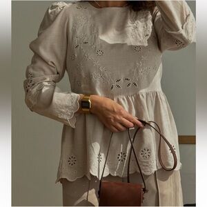 & Other Stories, Paris Atelier, Embroidered Scalloped Woven Peplum Blouse size 6